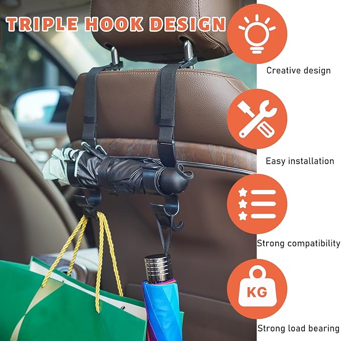 2 PCS Adjustable Car Seat Headrest Hook, Automotive Seat Back Storage Hanging Purse Hook, Durable Backseat Hanger Organizer for Umbrella Bag Coat, Universal Car Accessories
