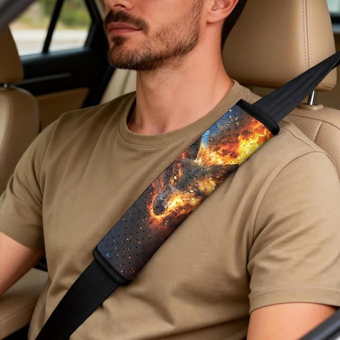 Qeluxign Fire Wolf Head PU Leather Car Seat Cover Set of 5 Auto Accessories 2 Front Bucket Seat Covers, 2 Seatbelt Pads & 1 Armrest Cover, Easy to Install