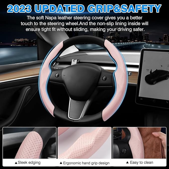 Shademax Custom-Fit for Tesla Steering Wheel Cover, Tesla Model Y / 3 2017-2025 (Fit Model Y Juniper 2026/ Model 3 Highland) Carbon Fiber Steering Wheel Cover for Tesla Model Y / 3 Accessories (Pink)