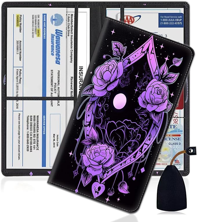 Car Registration and Insurance Holder, PU Leather Auto Document Holder for Men&Women, Vehicle Glove Box Compartment Organizer with Magnetic Shut for Driver's License, Purple Rose Flower Pattern