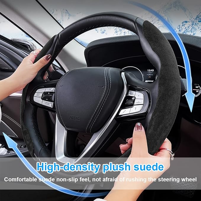 Car Steering Wheel Cover, Microfiber Suede Leather and Carbon Fiber Double Sided Design, Warm in Winter and Cool in Summer, Breathable Non Slip Segmented Protector for Most Cars (Turn Fur/Black)