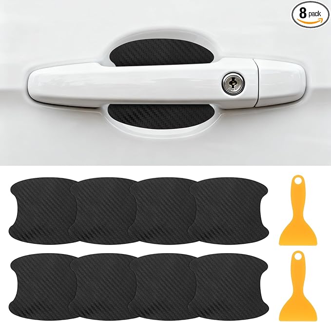 PATIKIL 2.68" x 3.35" Car Door Handle Sticker, 8Pcs Carbon Fiber Anti-Scratches Vehicle Door Cup Protector with Scraper Auto Door Handle Protective Film for Cars Trucks RV SUV, Light Black