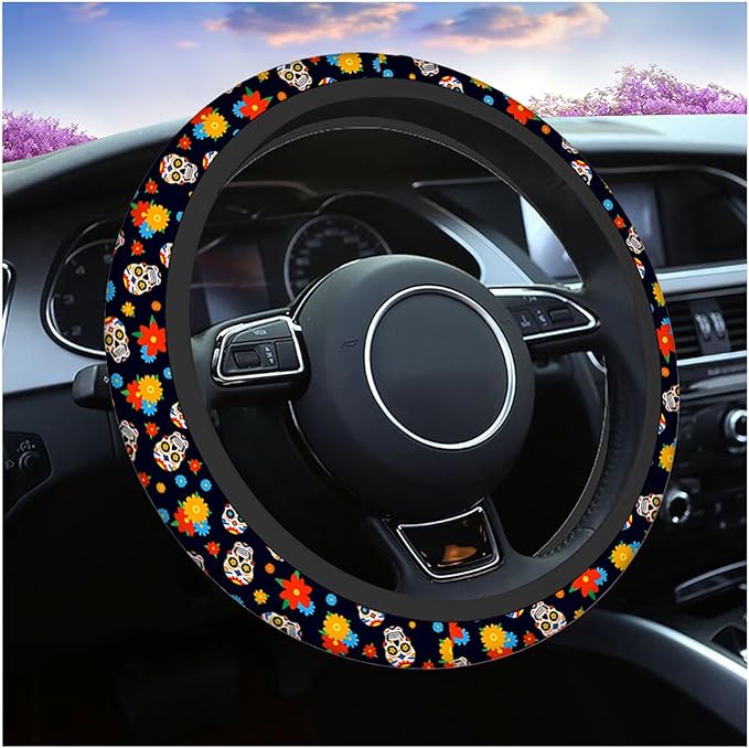 Swono Day of The Dead Sugar Skull Universal Neoprene Steering Wheel Cover Colorful Sugar Skull and Flower 15 Inch Steering Wheel Covers,Printed Steering Wheel Elastic Protection for Women and Girls