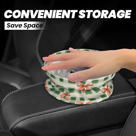 Green Plaid Red Bow Car Trash Can Leak-Proof Waterproof Hanging Trash Bin Collapsible Garbage Can for Car Accessories Travelling Camping