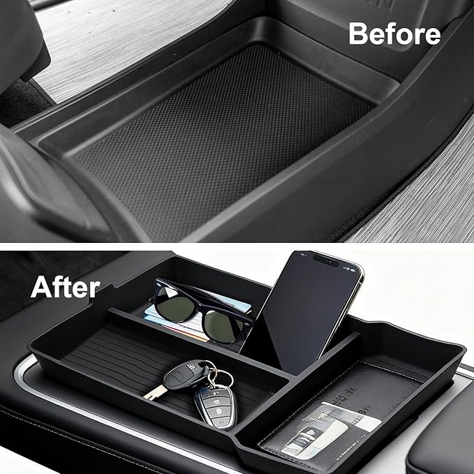 3PCS Center Console Organizer Lower Storage Box for Tesla Model 3 Highland 2024 2025, Silicone Console Organizer Tray New Tesla Interior Accessories