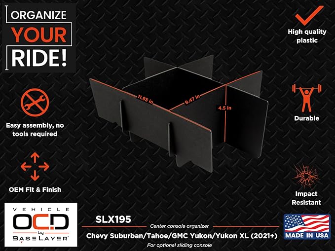 Vehicle OCD – Center Console Organizer for Chevy Suburban/Chevy Tahoe/GMC Yukon/GMC Yukon XL (2021-2026) (for Power Sliding Console ONLY) – Made in USA – SLX195