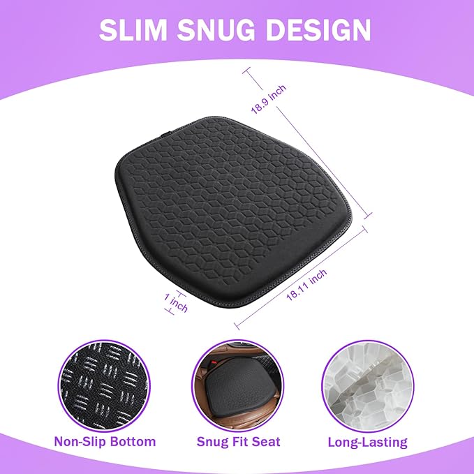 Thin Premium Gel Seat Cushion for Car Seat, Office Chair, Wheelchair, Golf Cart - Non-Slip Car Seat Cushions with 0.7 Inch Gel - Sciatica & Coccyx Pain Relief (Suede, Black)