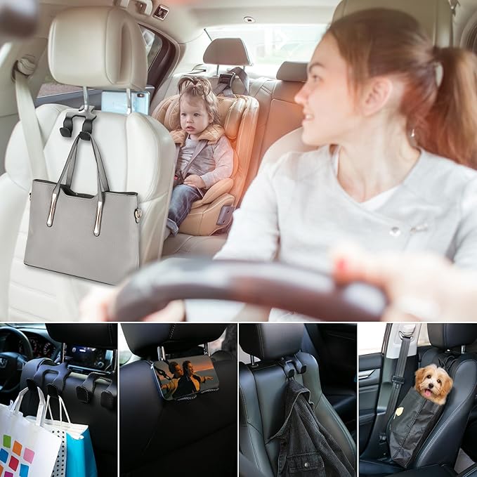 Headrest Hooks for Car, Car Back Seat Storage Organizer Purse Holder Bags Upgraded 2 in 1 Durable Leather Purse Hanger Car Essentials for Women Interior Accessories,1-Pack,Black