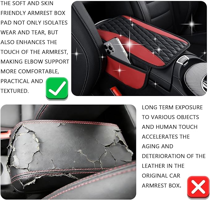 Patchwork Leather Center Console Cover, Upgraded Car Armrest Cover with 2 Storage Bags, Universal Arm Rest Covers for Car, Vehicle Interior Accessories Middle Console Cushion Organizer (Red)