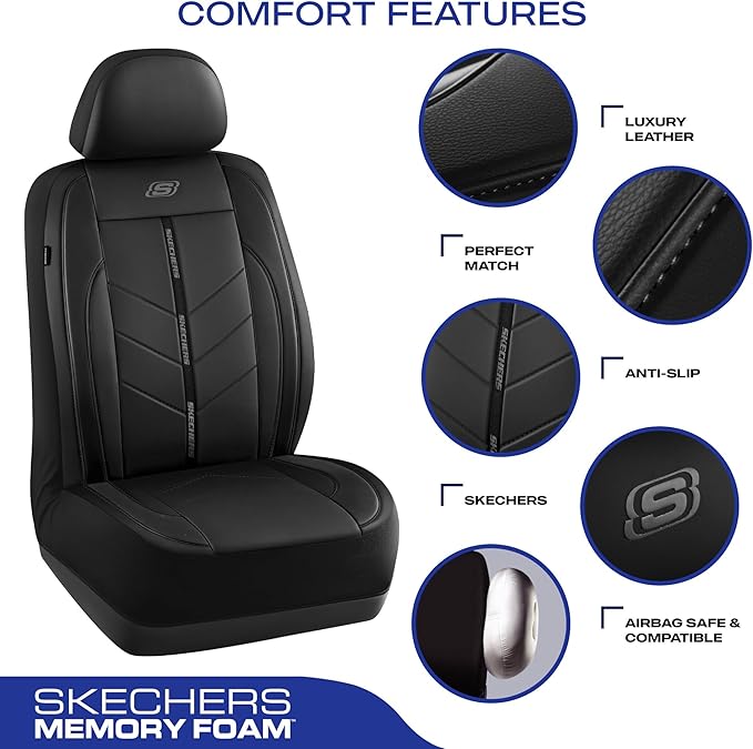 Skechers Car Seat Covers,Luxury Faux Leather Seat Covers,Waterproof Anti Slip Car Seat Protector Front Seats,Car Accessories Airbag Universal Fit for Most Cars,Vans,Trucks,SUV,Black