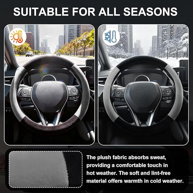 SEG Direct Car Steering Wheel Cover for F-150 Tundra Range Rover 15.25-16 inch, Warm Plush, Summer Winter, Black and Gray