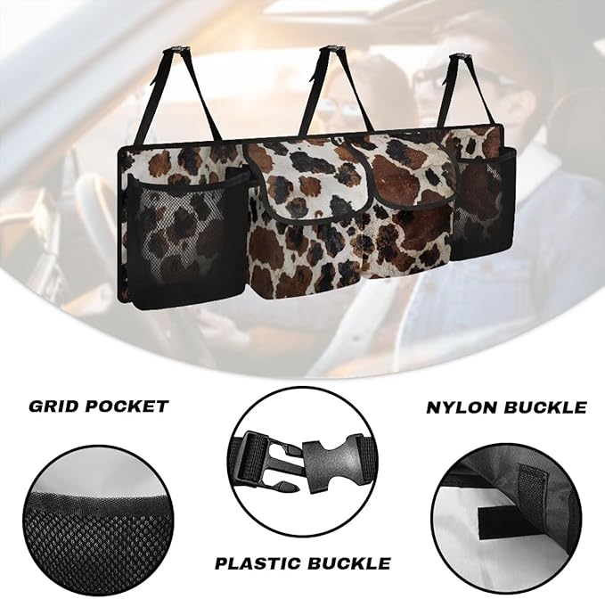 Brown Cow Car Organizer, Trunk Organizer for SUV, Car Trunk Organizer and Storage, Car Interior Accessories Backseat Hanging Organizer with 4 Pockets, Waterproof Storage Bag for Car