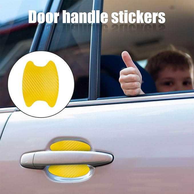 Kewucn 4PCS Car Door Handle Sticker, Carbon Fiber Auto Door Side Handle Protective Films, Anti-Scratch Vehicle Door Cup Protector, Universal Exterior Accessories for Most Cars (Yellow)