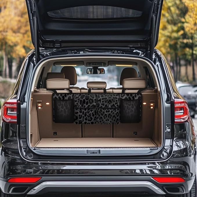 Black Leopard Backseat Trunck Organizer Waterproof Trunk Organizer for SUV Hanging Automotive Accessories with Buckle Strapes & 4 Pockets Car Storage Bag for SUV Sedan for Men Travel