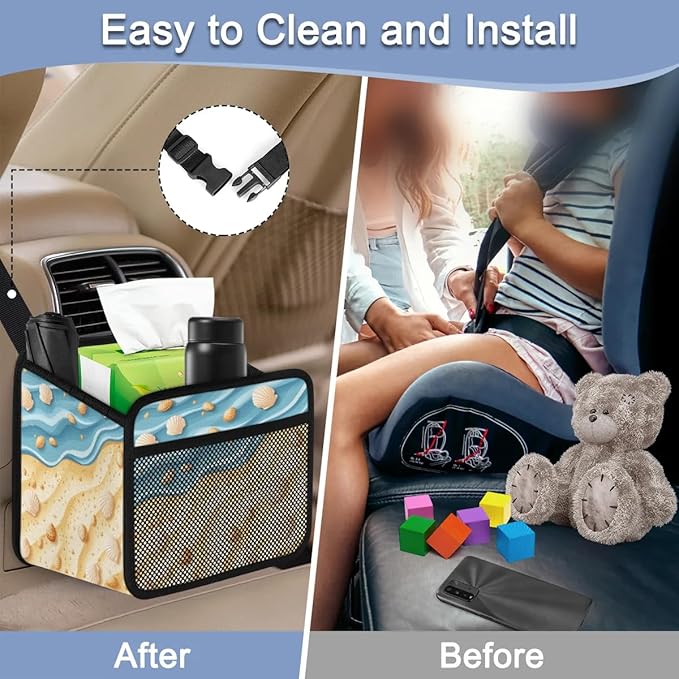 Beach Sea Shell Ocean Car Backseat Organizer PU Leather Automotive Back Seat Storage Bag Universal Hanging Garbage Box Travel Accessories Foldable