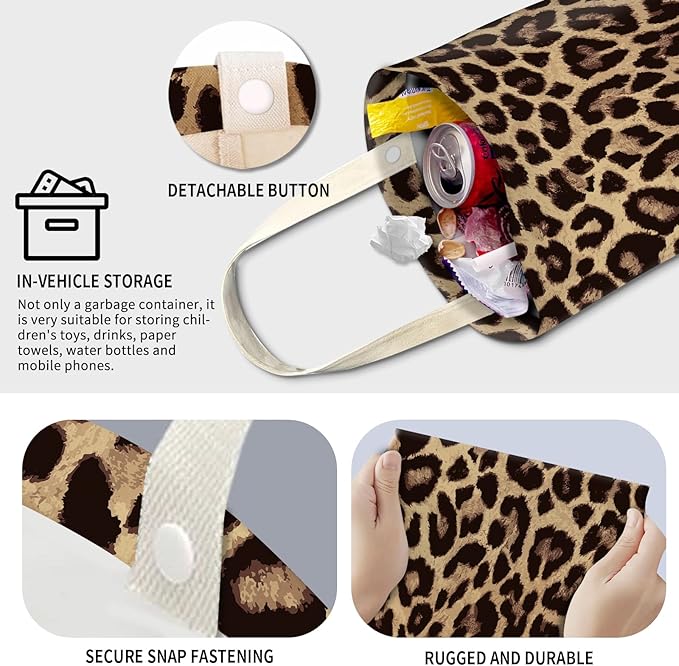 AXZOPDE Cute Car Trash Can, Hanging Canvas Car Back Seat Organizer and Storage Bag, Funny Car Trash Bag for Travelling, Outdoor Luxury Brown Leopard