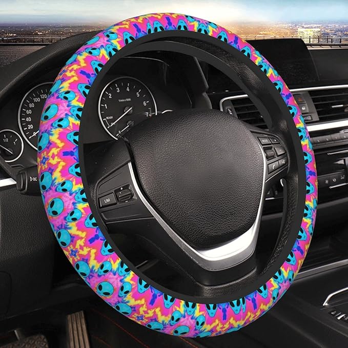Psychedelic Aliens Neoprene Steering Wheel Covers Women Men Car Accessories, Universal 15 Inch Fit Auto, Suvs, Truck