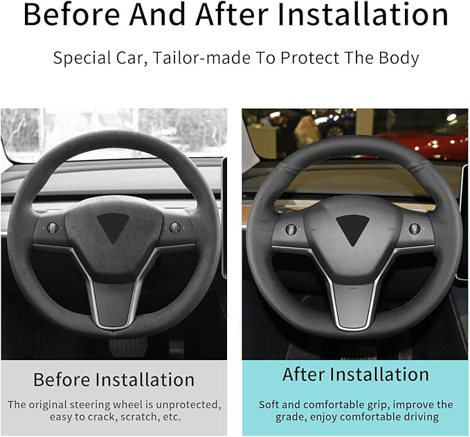 Yeolpise Hand Sewn Steering Wheel Cover,Fit for Tesla Model 3 2017-2023/Model Y 2020-2023,Non-Slip Breathable Microfiber Leather Steering Wheel Cover On Wrap Car Interior Accessories