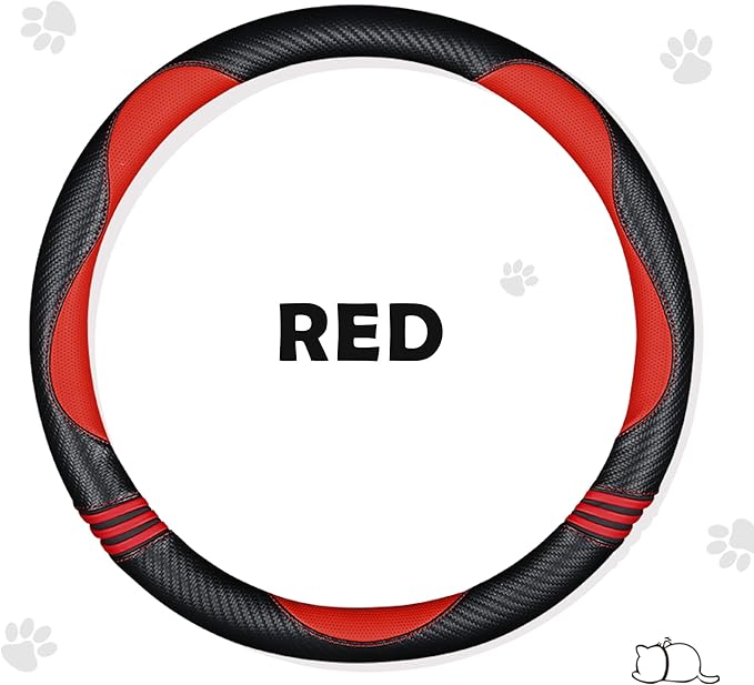 Car Steering Wheel Covers for Women Padded Carbon Fiber PU Leather Cute Auto Interior Accessories for Vehicle, Sedan, Universal, Anti Slip, Red, Standard Size, 14.75-15.15in
