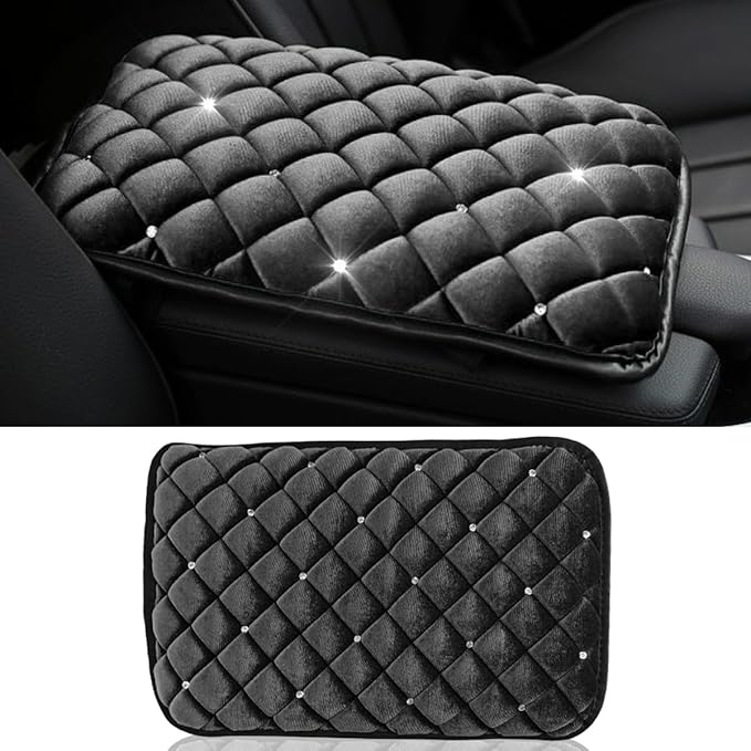Plush Car Center Console Pad, Bling Diamond Car Armrest Cover, Soft Seat Box Cover Protector, Universal Car Interior Decoration Accessories Fit Most Vehicle, SUV, Truck, Car (Black)