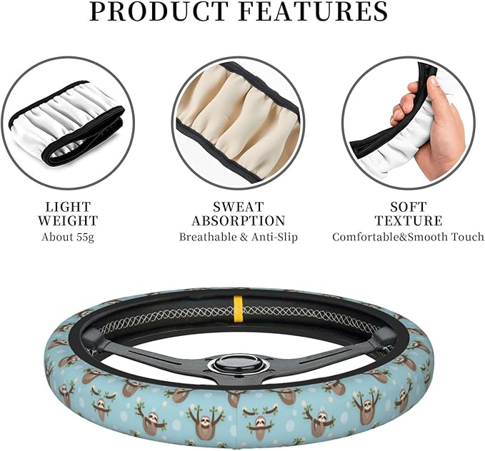 Blue Sloth Universal Fit Steering Wheel Cover for Car, Truck, and SUV, Durable Steering Wheel Protection