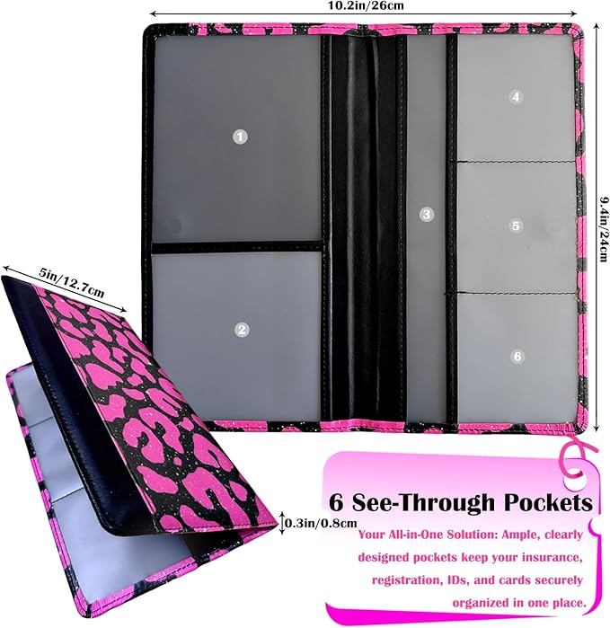 FinestHouse Car Registration and Insurance Holder with Magnetic Closure, Universal Document Organizer for License, Insurance Cards & Glove Box Storage (Leopard-Glitter Hot Pink)