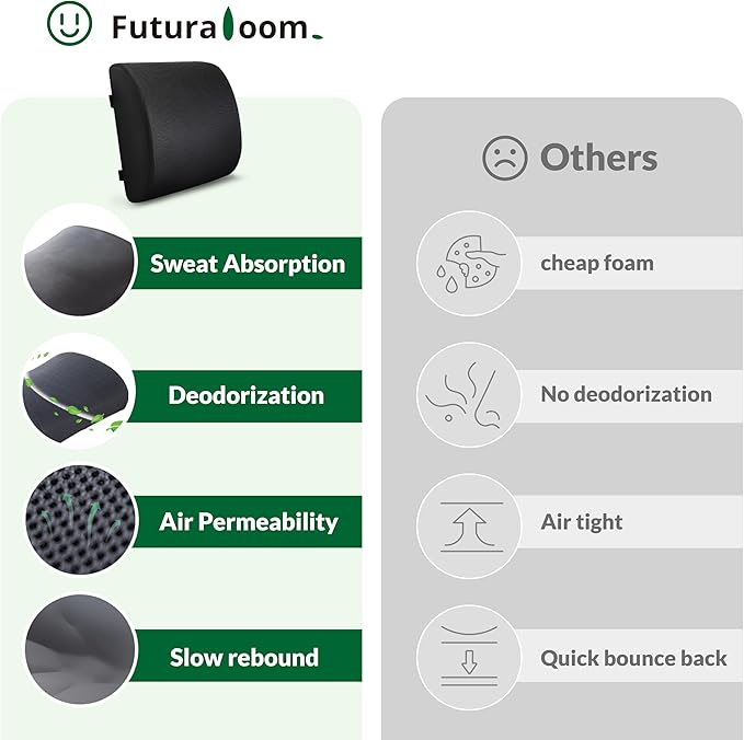 FuturaLoom Lumbar Support Pillow for Office Chair Car Seat,Charcoal Memory Foam Chair Back Cushion for Back Pain Relief with Double Adjustable Straps