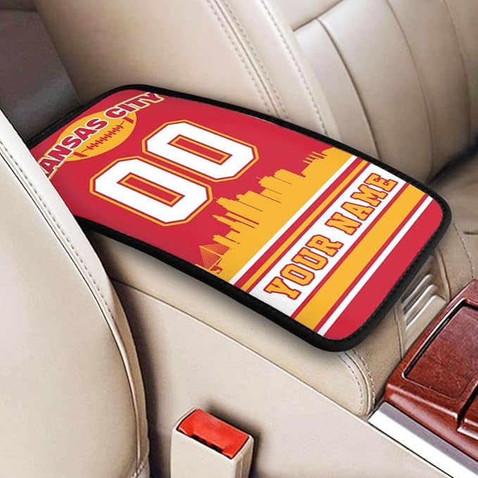 Custom Football Car Armrest Covers Personalized Football Style with Name Number Customized Auto Center Console Pad Car Handrail Box Cushion for Most Vehicle Decor Accessories, Red