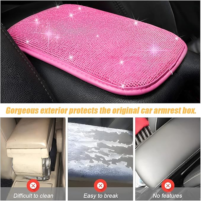 Bling Center Console Cover, Diamond Fashion ArmRest Pad, Crystal Soft Arm Rest Protective Cushion, Car Accessories for Women Girls, 11.8"×8.5" for Most of Vehicles, SUVs, Trucks (Rose Red)