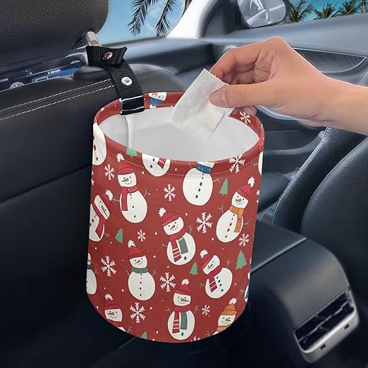 Christmas Snowman Car Trash Bag Waste Basket with Adjustable Buttons Collapsible Car Storage Bag Multipurpose Road Trip Essentials for Outdoor Activities