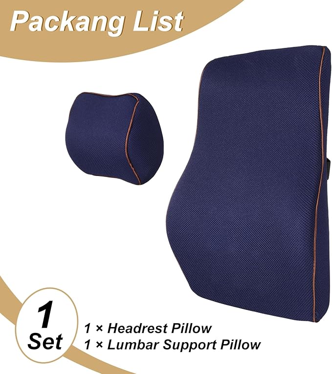HARFINGTON Car Headrest & Lumbar Support Pillow Kit Memory Foam Ergonomic Seat Headrest & Lumbar Cushion for Driving Office Car Seat, Navy