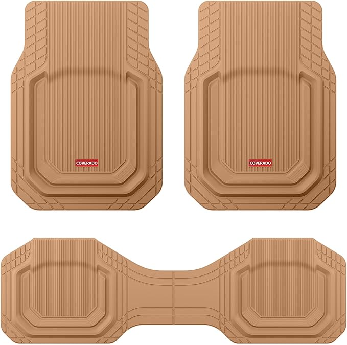 Coverado Car Floor Mats Heavy Duty, Deep Dish All-Weather Beige Mats, Universal Waterproof Trim to Fit Automotive Mats for Cars SUV Trucks, Durable Floor Liner Car Accessories, Full Sets, 3pcs