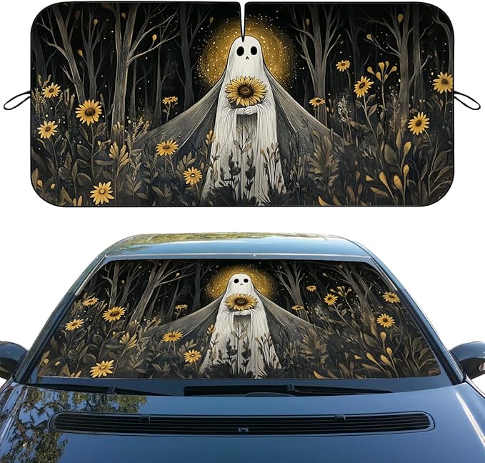 Halloween Car Window Sun Shield Ghost Sunflower Dark Forest Mystical Front Window Sun Shade Rays Sun Shade Visor Protector for Car Sedan Truck SUV Accessories 59" L x 31.5" W