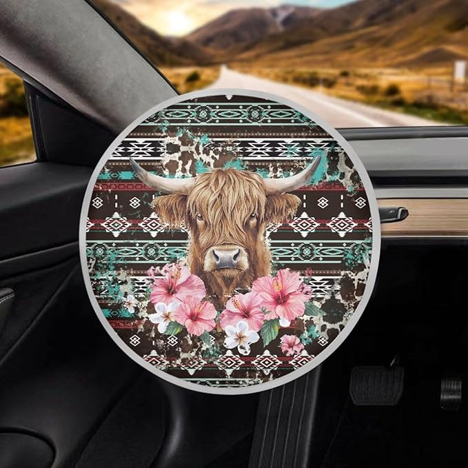 Aztec Universal Steering Wheel Cover Sun Block Highland Cow Car Rudder Reflector Protector for SUV Vehicle Sedan Truck Car Accessories Gift for Her