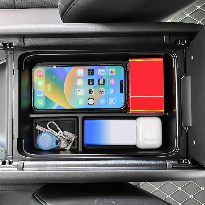LUCKEASY Armrest Box Storage Box Compatible with Hyundai Santa Fe 2024 2025 2026 ABS Armrest Box Storage Tray and PVC Mats Black ABS for Santa Fe Accessories Black