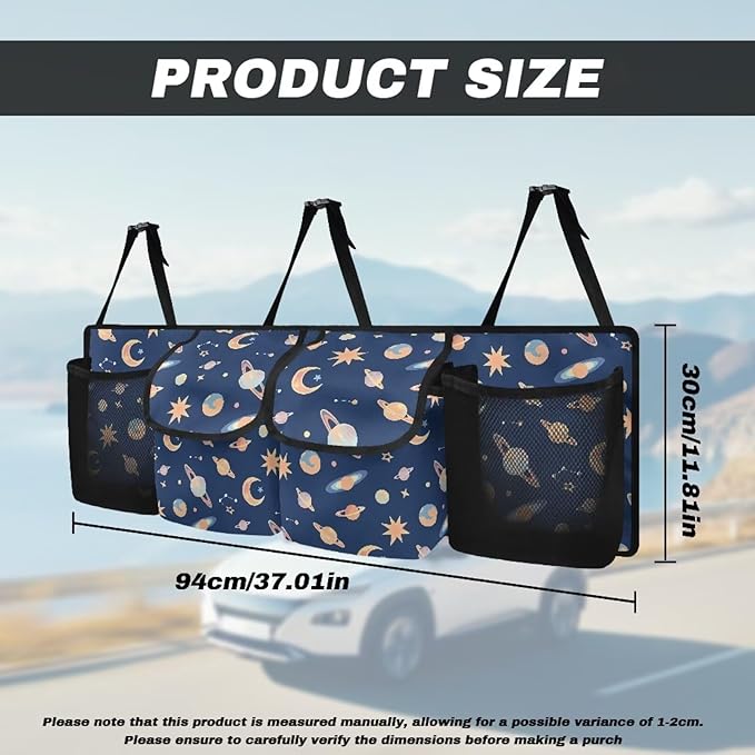 Car Trunk Organizers, Space Planets 37.1" x 11.8" Backseat Hanging Organizer with 4 Storage Bag, Waterproof Car Organizer with Adjustable Strap, Road Trip Large Capacity Bag for Car SUV