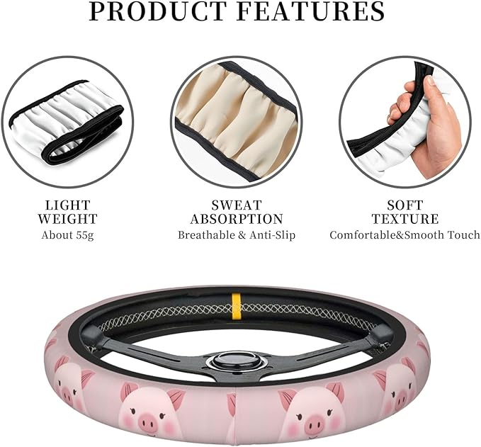 Fashion Piggy Cute-Pig Cartoon Universal Fit Steering Wheel Cover for Car, Truck, and SUV, Durable Steering Wheel Protection