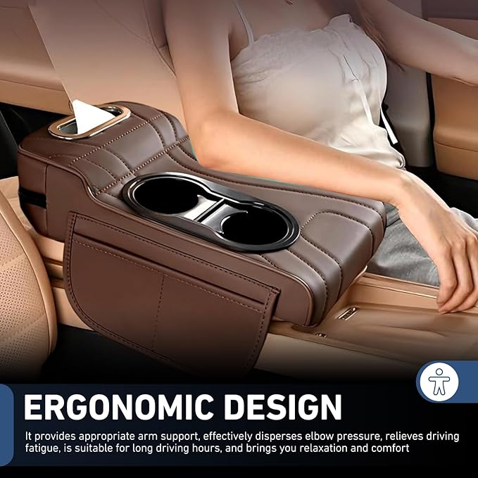 Car Armrest Cushion, Leather Center Console Cover Protector, Multifunctional Storage Pad with Dual Cup Holder, Tissue Box & Side Card Slot, Universal for Most Cars (Coffee)