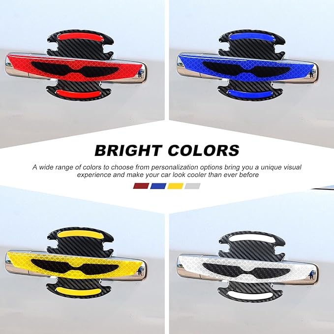 8PCS Car Door Handle Scratch Protector, 3D Carbon Fiber Car Door Handle Reflective Sticker Protective Film, Universal Auto Door Handle Scratch Paint Guard Night Visible Strip (Red)