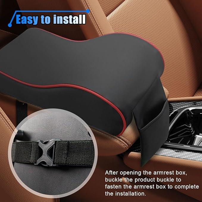 Car Armrest Cushion, Memory Foam Car Center Console Pillow Cushion with Phone Holder Storage Bag, Leather Arm Rest Pillow Cover, Universal Car Armrest Pad Accessories (Black/Red)