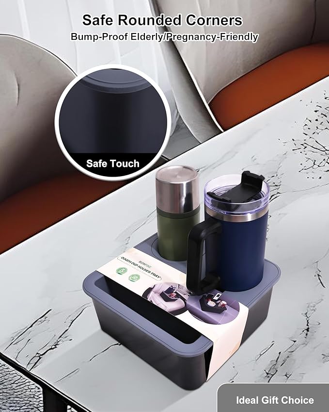 Couch Cup Holder Tray, Bonfixe Elastic Clip Stable Back Seat Cup Holder for Cars, 4 Anti-Slip Pads & Food-Grade Silicone Car Caddy Organizer for Bed, Truck, Home, Office, Boat (Black)
