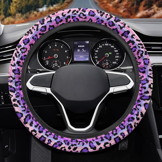 Universal Non-Slip Steering Wheel Cover, 15-inch Polyester Material Driving Accessories, Adjustable for Car and Truck(Pink Purple Gradient Leopard)