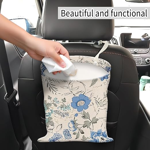 AUEKLLW Car Trash Can, Hanging Garbage Bin for Men and Women, Cute Car Organizer and Storage Bag, Canvas Vehicle Trash Can Bag Easy-to-Install Boho Blue Floral
