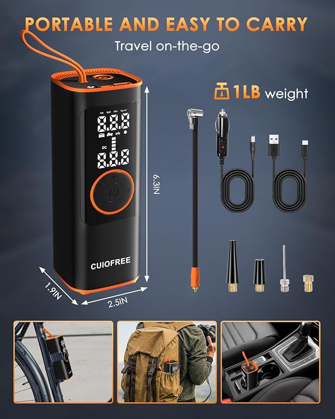 CUIOFREE Portable Tire Inflator for Car, Cordless Tire Inflator Portable Air Compressor with Digital Pressure Gauge,150PSI Dual Power, Portable Air Pump for Car Tires, Motorcycle, Bicycle, Bike, Ball