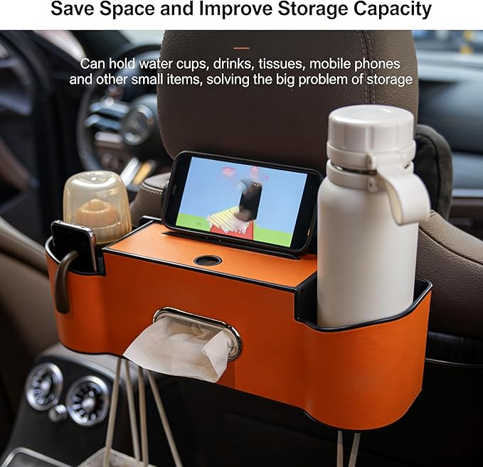 5-in-1 Car Backseat Organizer, 2026 Multifunctional Seat Back Storage Box with Cup Holder, Tissue Box, Phone Holder and 2 Hooks, Premium Leather Car Organizer for Tidy Car (White-1pc)