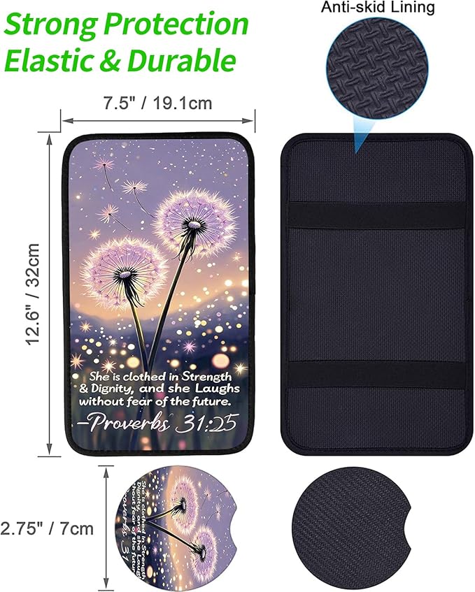 JANENFNA Car Armrest Cover Pads Universal Fashion Cute Auto Center Console Armrest Cover Pad with 2PCS Car Coasters Soft Waterproof Car Armrest Seat Protector for Women,Proverbs 31:25 Dandelion
