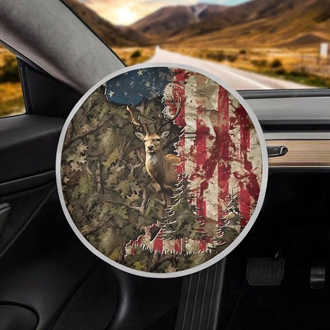 17x17 inch Steering Wheel Sun Shade Steering Wheel Sun Cover Heat Resistant Vehicle Accessories Universal Fit Car SUV Truck Van, American Flag Deer Elk Deadwood Pattern