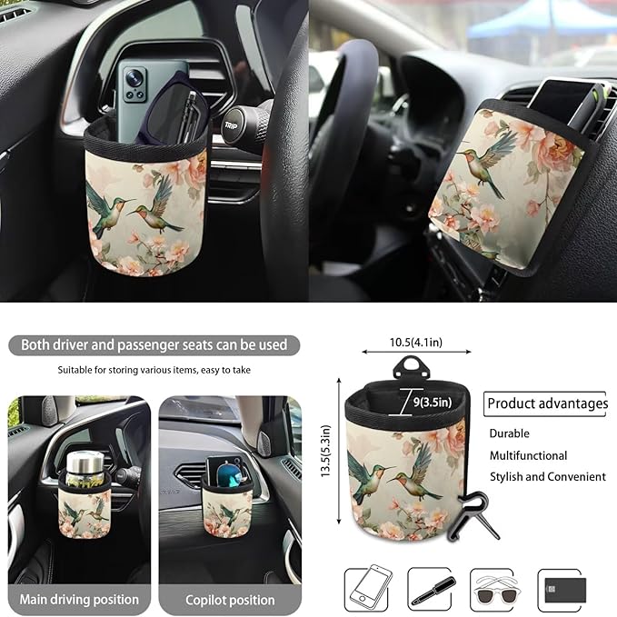 Hummingbird Flower Printed Car Accessories Sets for Women, Universal Front and Rear Split Bench Seat Covers for Cars with Matching Steering Wheel Cover Trash Can Air Vent Storage Bag Coaster