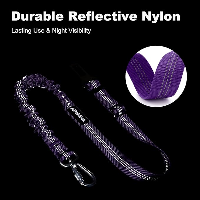 APakBak Dog Seat Belt for Car, Adjustable Dog Car Harness Seatbelt for Small Medium Large Dogs, Heavy Duty Travel Safety Restraint with Locking Aluminum Hook & Reflective Nylon Strap, Purple