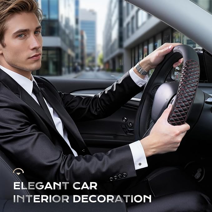 Coverado Car Steering Wheel Cover, Nappa Leather Black & Redline Steering Wheel Covers, Universal 14-15 inch, Anti-Slip, Breathable Steering Wheel Protector for Women Men